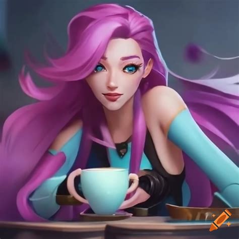 Artwork of seraphine and soraka having coffee in a modern cafe on Craiyon