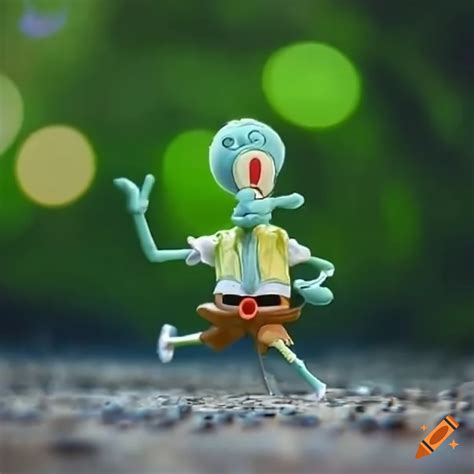 Squidward running away from plankton in a fun scene on Craiyon