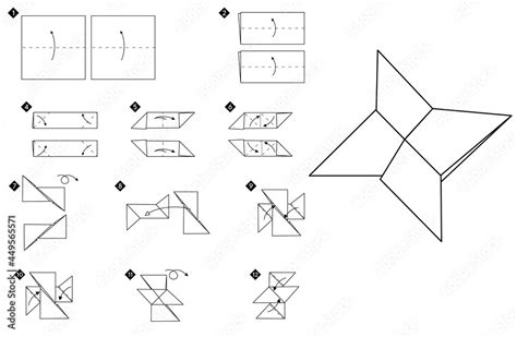 How to make origami star blade shuriken vector illustration. Step by step black and white DIY ...