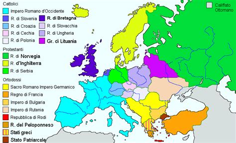 Cartina raffigurante la divisione dell'Europa in base alle 3 religioni: Cattolica, Ortodossa ...