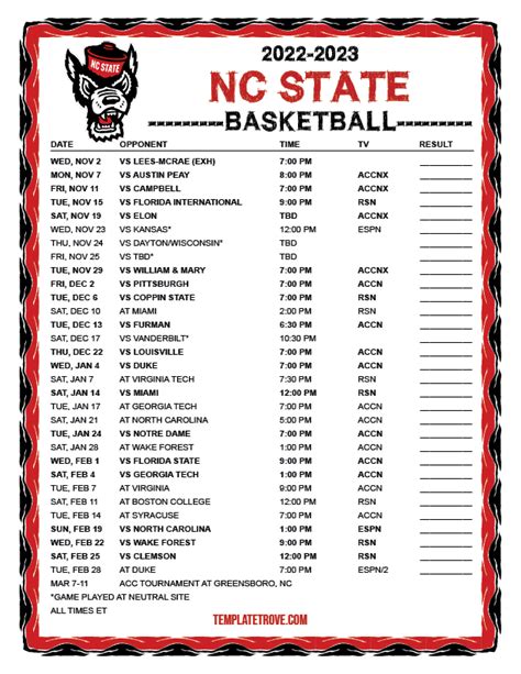 Printable 2022-2023 NC State Wolfpack Basketball Schedule