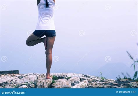 Woman Practicing Yoga at Mountain Peak Stock Image - Image of lifestyle ...