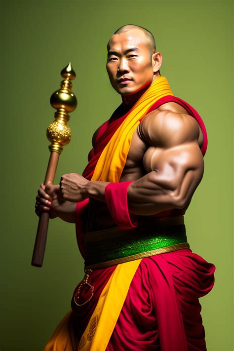 Lexica - Asian monk with bulging muscles and green and gold cloth pants ...