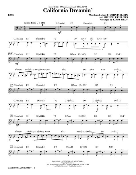 California Dreamin' - Bass at Stanton's Sheet Music