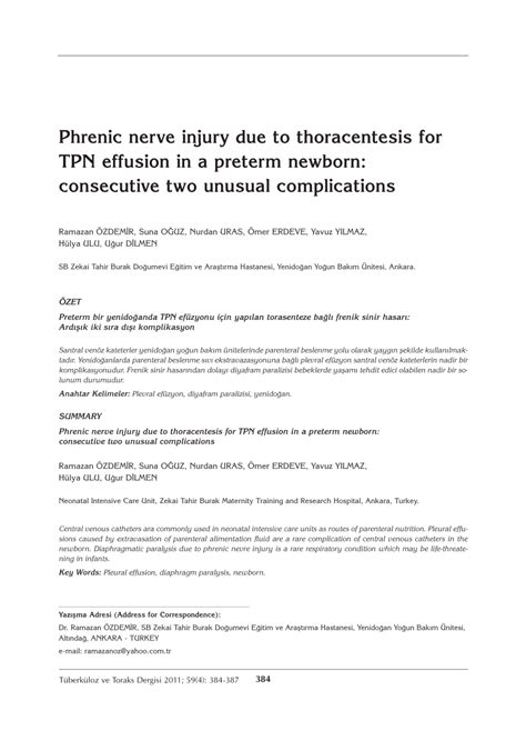 (PDF) Phrenic nerve injury due to thoracentesis for TPN effusion in a ...