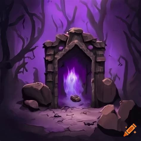 Purple fantasy dungeon entrance with fire and forest