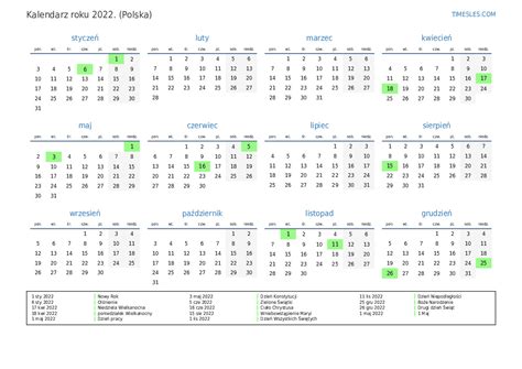 Kalendarz na 2022 rok z wakacjami w Polsce | Wydrukuj i pobierz kalendarz