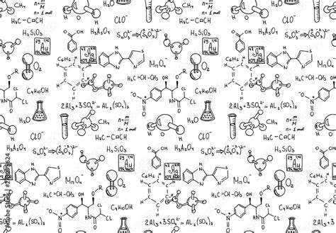 Chemical formula and outlines on whiteboard. Vector seamless pattern. Scientific and education ...