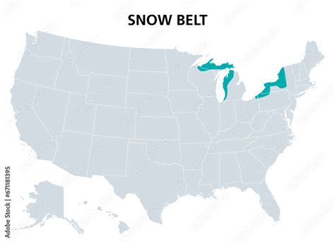 Snow Belt of the United States, political map. Also called snowbelt, is ...