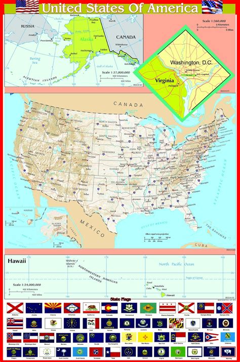 USA America Map A2 Size Laminated Learning Educational Poster Wall ...