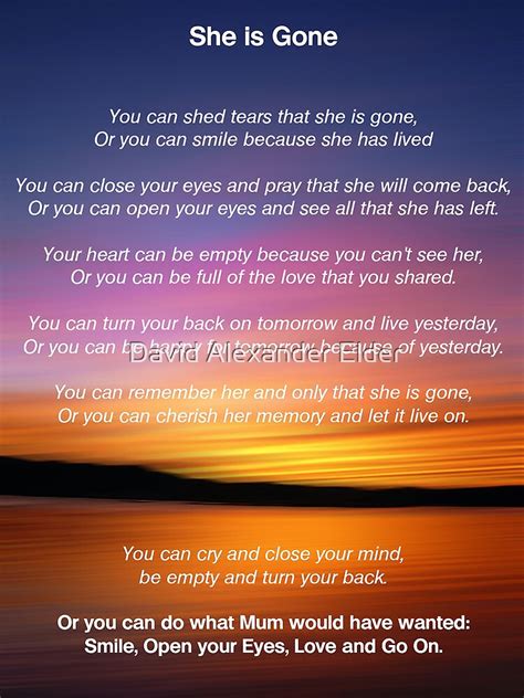 "She is Gone - Funeral Poem for Mum" by David Alexander Elder | Redbubble