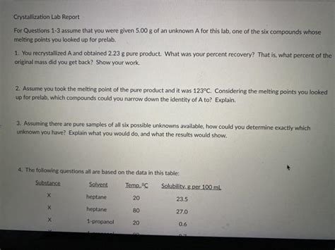 Solved Crystallization Lab Report For Questions 1-3 assume | Chegg.com