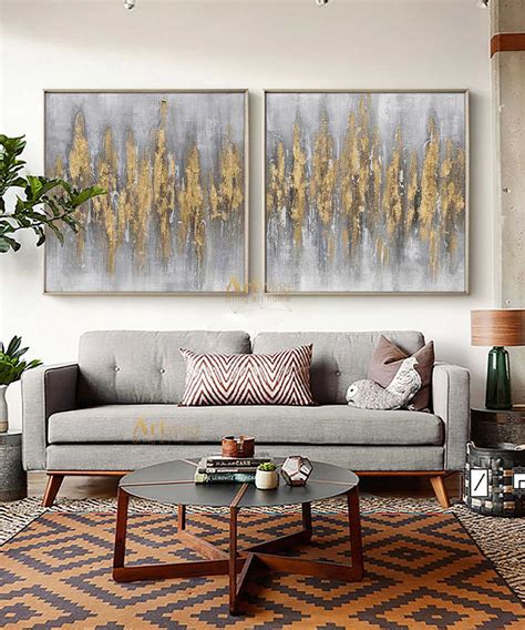 Oversized Grey Abstract Canvas Art Set of 2 Gold Leaf Abstract - Etsy