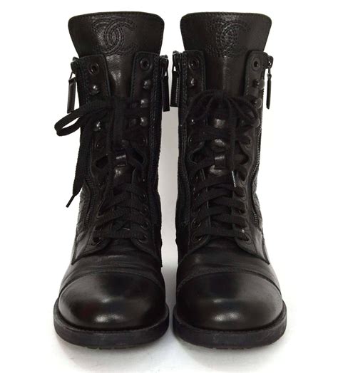 Chanel Black Leather Lace Up Combat Boots sz 39 at 1stdibs