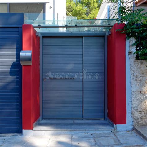 Red and Grey Modern House Entrance External Door, Athens, Greece Stock Photo - Image of detail ...
