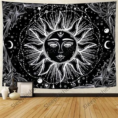 Sun Tapestry Psychedelic Tapestry Wall Hanging Black and White Tapestry Moon Star Tapestry ...