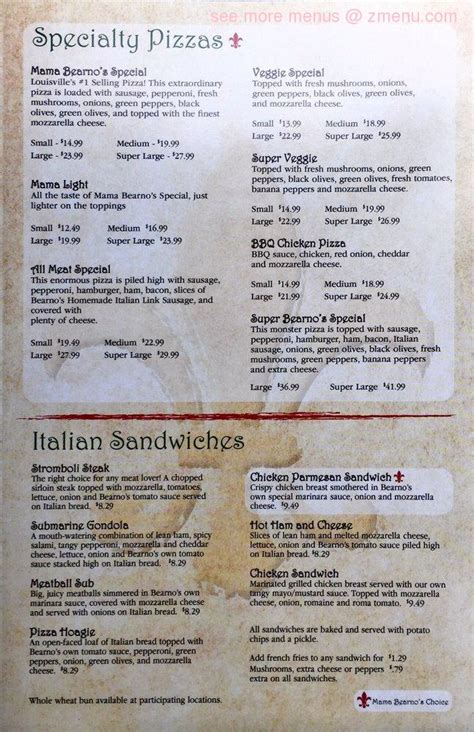 Menu at Bearno's Pizza of Middletown restaurant, Louisville, English Villa Dr