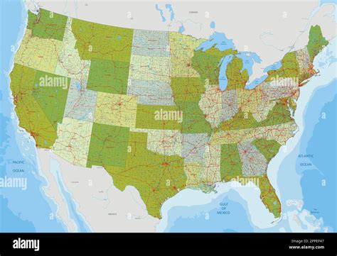 Complex USA political map with, every major city and roads. Green color ...