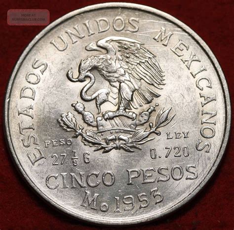 Uncirculated 1953 Mexico 5 Peso Silver Foreign Coin S/h