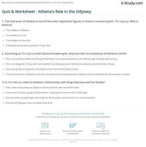 Quiz & Worksheet - Athena's Role in the Odyssey | Study.com