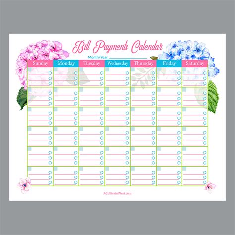 Printable Bill Payments Calendar: Hydrangeas- A Cultivated Nest