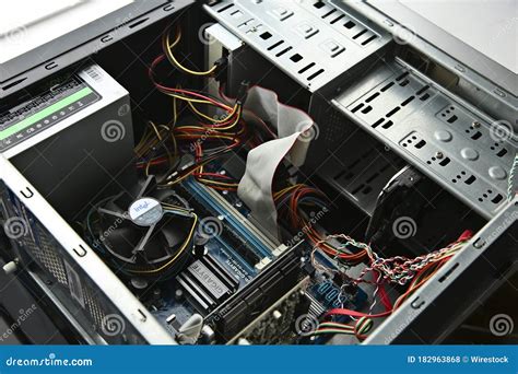 Computer Parts Inside a Desktop PC Box. Electronics Industry Concept ...