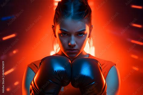 Sportive teen girl, MMA athlete in uniform and boxing gloves, training against orange studio ...