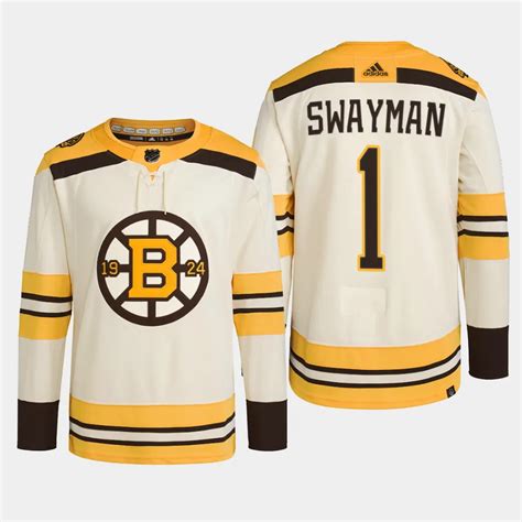 Boston Bruins Jeremy Swayman Cream Primegreen 100th Anniversary Jersey 2023-24 Authentic Player ...