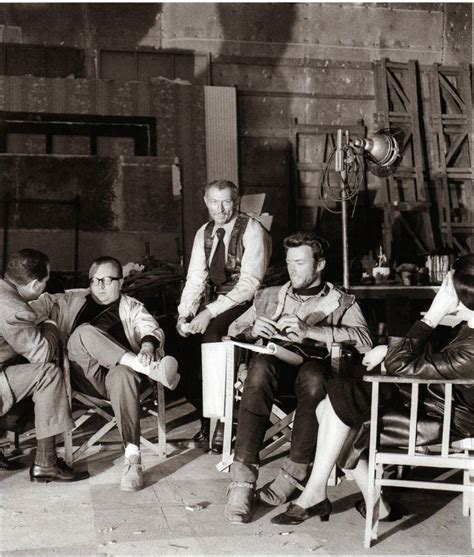 Sergio Leone, Lee Van Cleef and Clint Eastwood on the set of 'For a Few ...