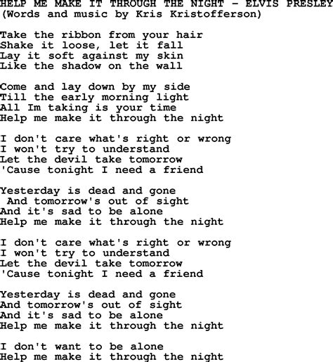 Help Me Make It Through The Night by Elvis Presley - lyrics