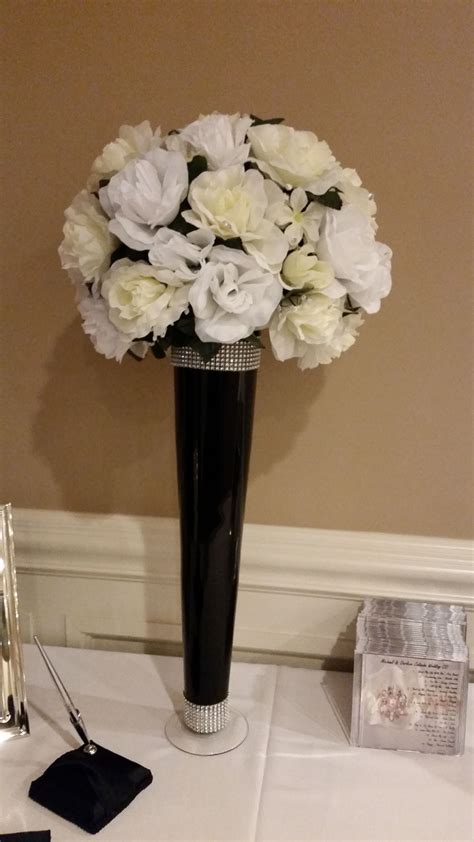 Black, White and Ivory Silk Flowers with Tall Black Vase with Pearls ...