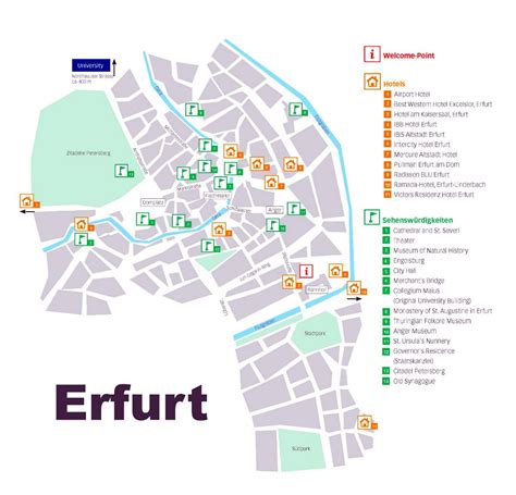 Large detailed tourist map of central part of Erfurt | Erfurt | Germany ...