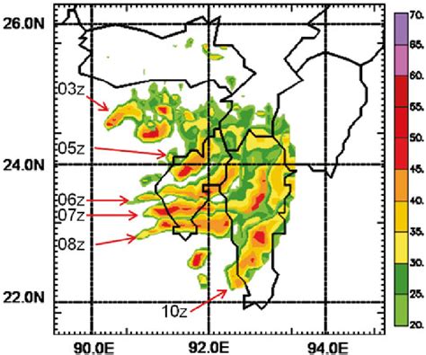 Movement of squall line as observed by the Agartala radar during 03 UTC... | Download Scientific ...