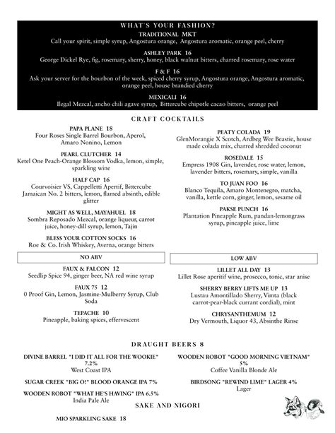 Drink Menu - The Fox and Falcon by David Burke - NC