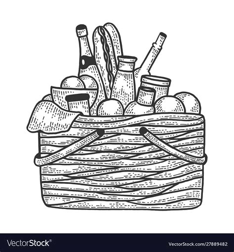 Picnic basket with food sketch engraving Vector Image