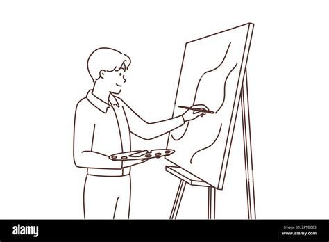 Young man painting picture on easel. Happy male artist enjoy drawing on white board. Art and ...