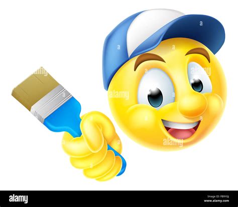 Cartoon emoji emoticon smiley face painter character holding a paintbrush Stock Photo - Alamy