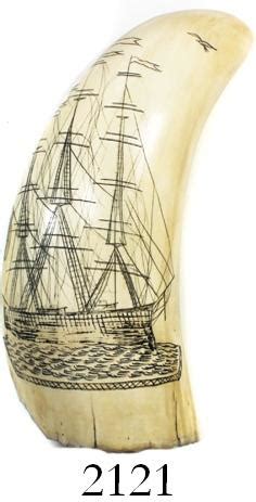 Ivory sperm whale tooth with late-1800s scrimshaw depicting a three-masted whaling ship at sea with