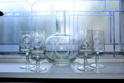 Vintage Etched Crystal Port Decanter with 6 Stemmed Glasses