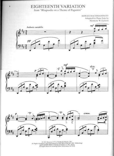 (PDF) Rachmaninoff - Rhapsody on a Theme of Paganini, Variation 18, Adapted for Piano Solo ...