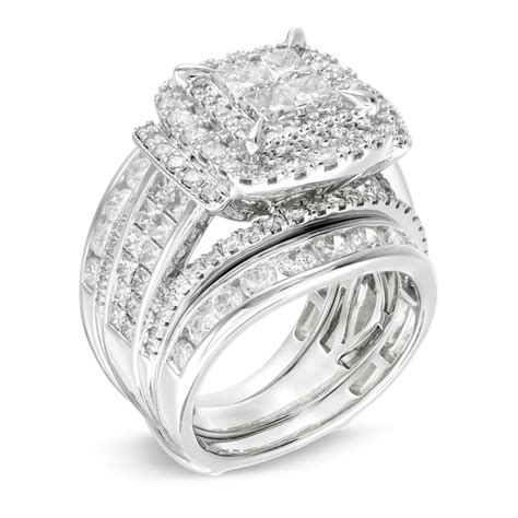 4 CT. T.W. Quad Princess-Cut Diamond Frame Vintage-Style Bridal Set in 14K White Gold ...