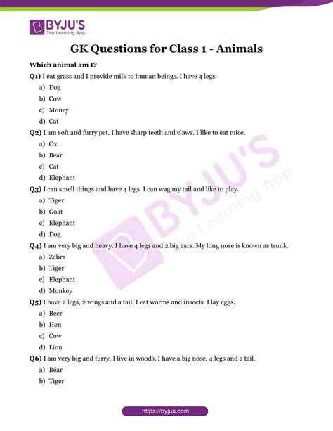 GK Questions for Class 1 on Animals - Download and Practice the Questions