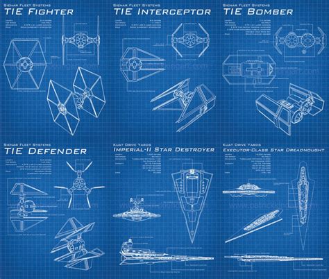 Star Wars Galactic Empire Blueprints Art Prints set TIE Fighter, Bomber, Interceptor, Defender ...