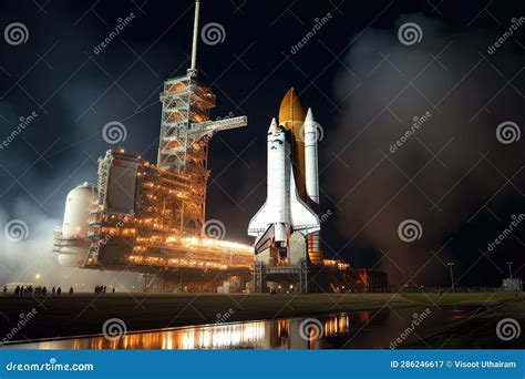 Space Shuttle Ready on Its Launch Pad at Night Stock Illustration - Illustration of columbia ...