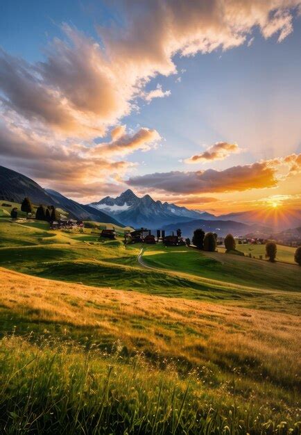 Premium Photo | Sunset casting a golden glow over the Swiss Alps and blooming meadows landscape ...