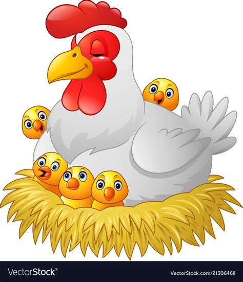 vector illuatration of Cute cartoon hen with chickens sitting in a nest ...