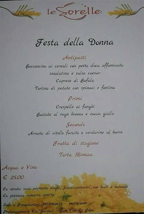 Menu at Le Sorelle restaurant, San Vito Lo Capo