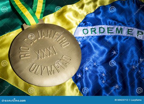 Rio 2016 Olympics Gold Medal on Brazil Flag Editorial Photography ...