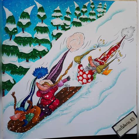 a painting of people skiing down a snowy hill