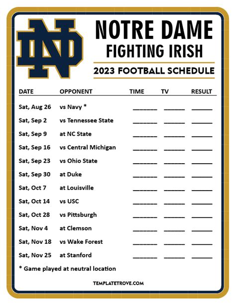 Printable 2023 Notre Dame Fighting Irish Football Schedule